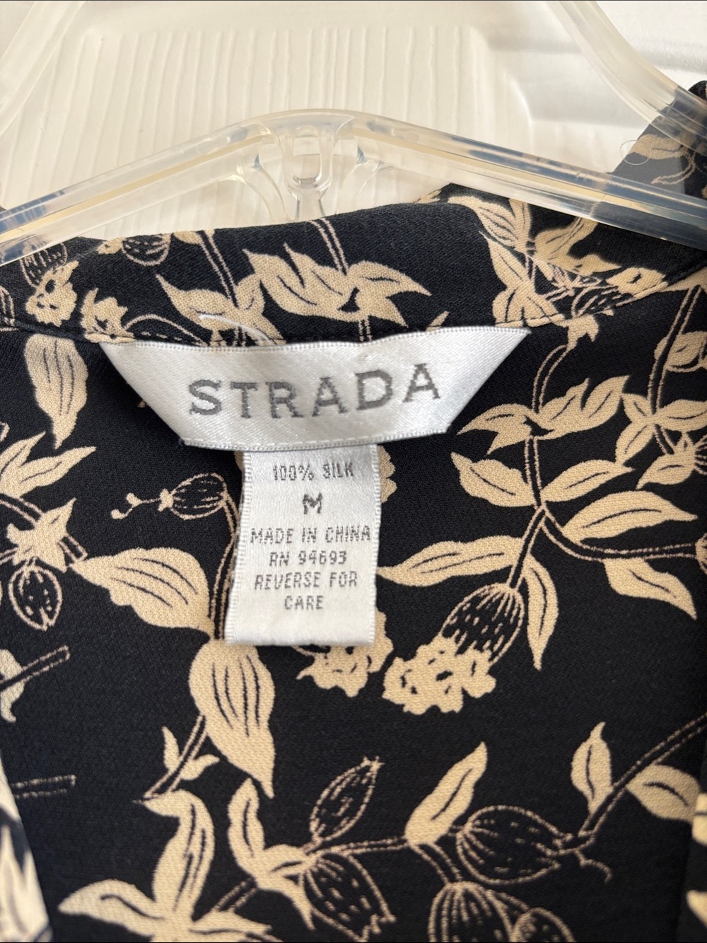 STRADA Black and Cream Floral Button-Down Shirt . 100% Silk